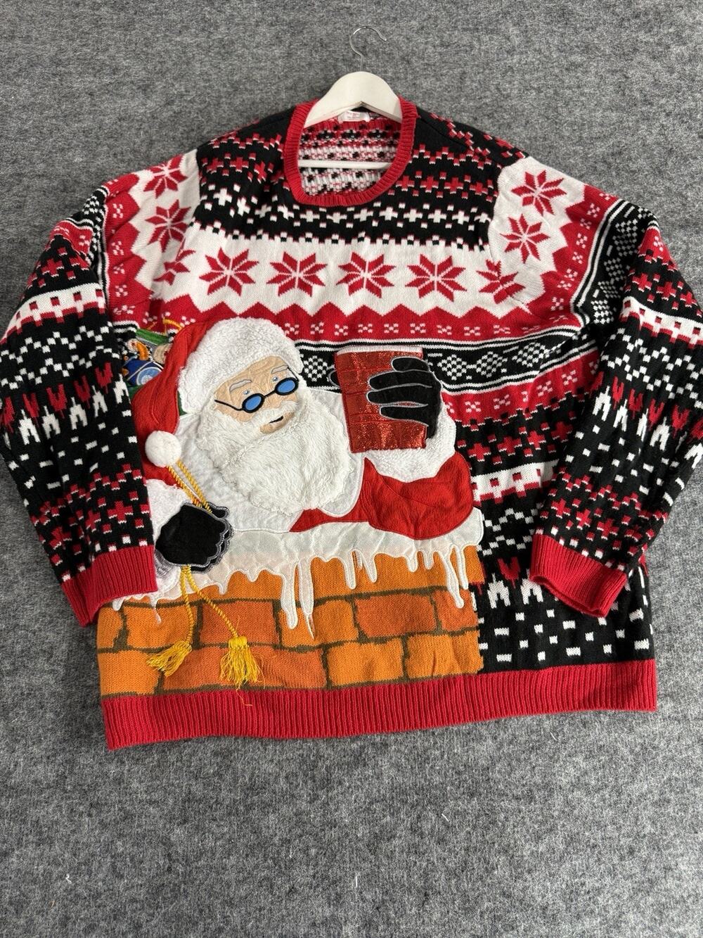 Holiday Time Ugly Christmas Sweater 2XL Womens XL Mens Santa Embroidered N180